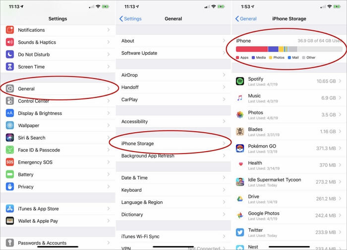عرض مساحة التخزين على iPhone