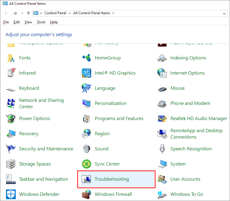 run troubleshooting in the control panel