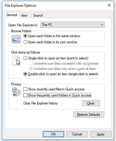 إصلاح مستكشف ملفات Windows 10 استمرار التعطل - تعطيل الوصول السريع