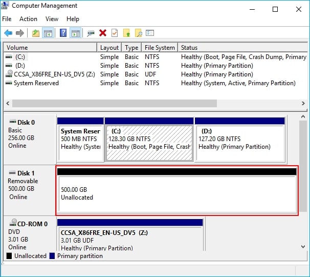 عرض القرص الصلب الخارجي على أنه غير مخصص في إدارة الأقراص
