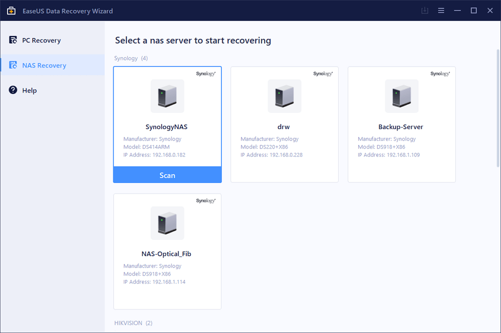 حدد خادم NAS وابدأ في التعافي
