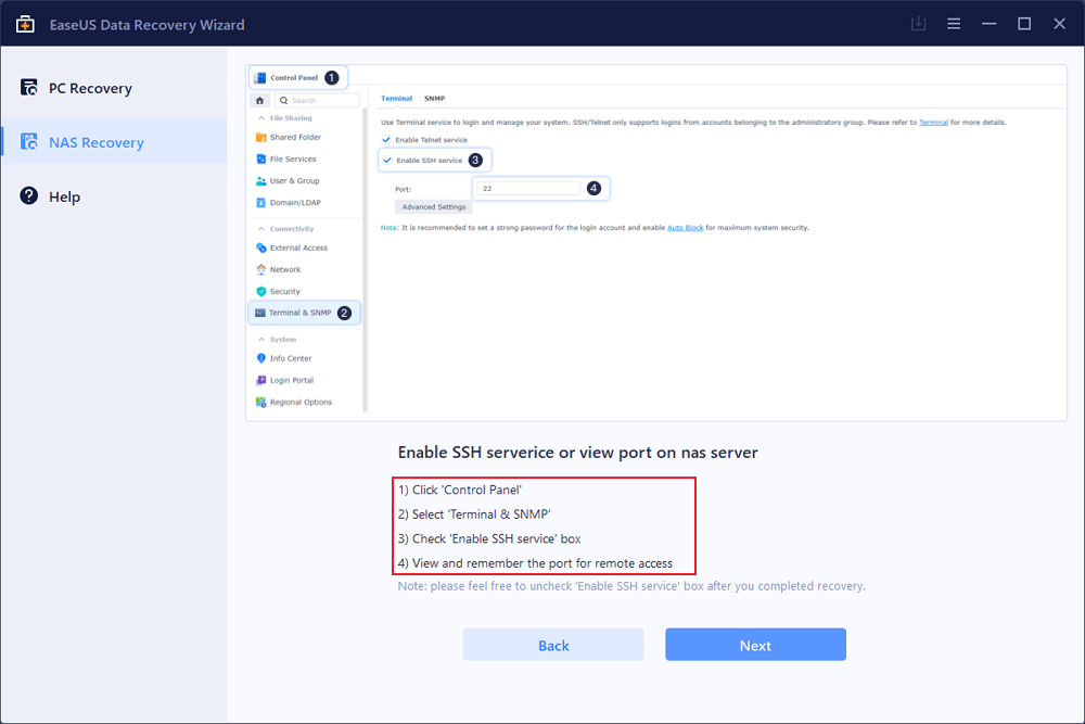 تفعيل خدمة SSH على خادم NAS.