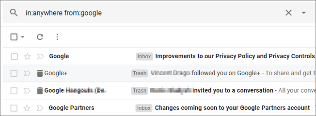 بحث رسائل البريد الإلكتروني Gmail المحذوفة