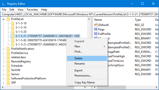 استعادة ملف تعريف المستخدم.