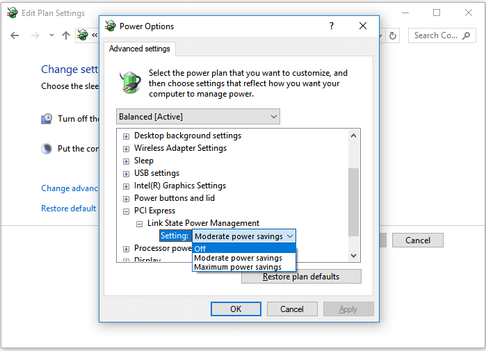 إصلاح مشكلة إيقاف تشغيل ويندوز 10 - تغيير خيارات الطاقة