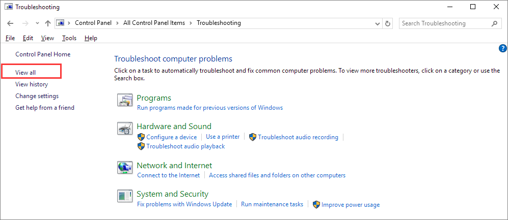 click view all in the troubleshooting