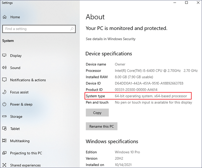 تحقق من نوع نظام windows 10