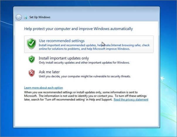 استخدم إعدادات Windows 7 الموصى بها