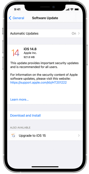التحديث إلى أحدث إصدار من iOS لإصلاح الخطأ
