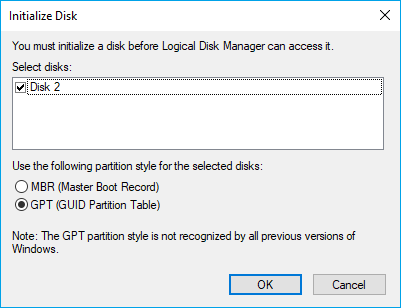 Initialize ssd to gpt