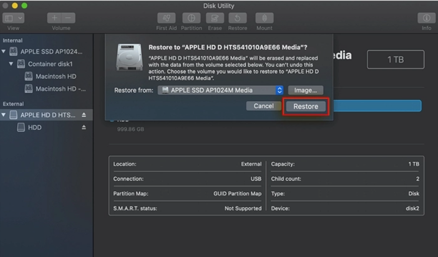 confirm to clone a hard drive on Mac using Disk Utility