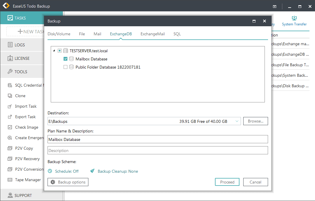 Exchange backup with EaseUS Todo Backup