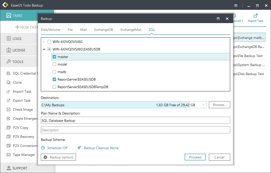 SQL backup with EaseUS Todo Backup