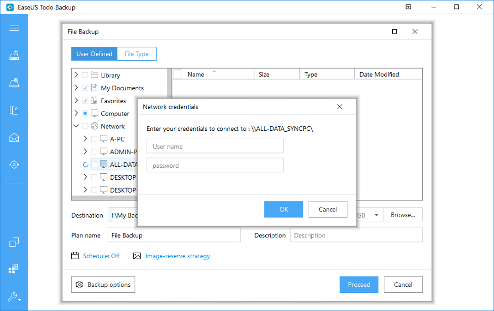 حدد ملفات الشبكة للنسخ الاحتياطي
