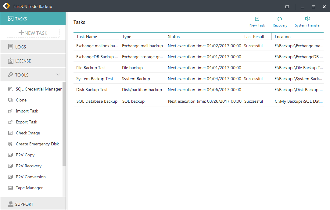 Main window of EaseUS backup software